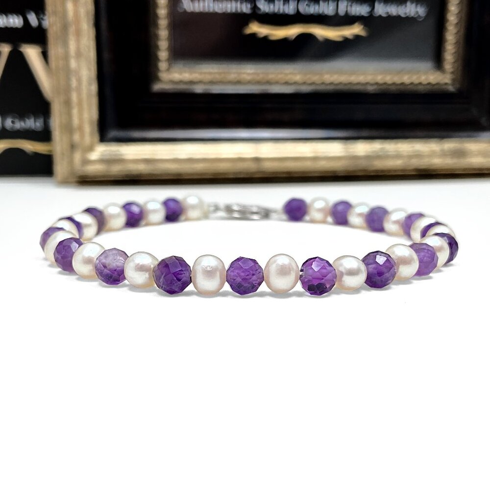 10k Solid White Gold Genuine Amethyst & Freshwater Pearl Bracelet (7.5 inch)